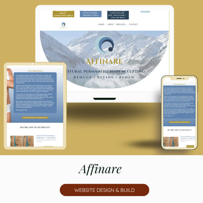 Image of pc, tablet and phone versions of website for Affinare Cryotherapy. Icey mountain and lake image with Blue and gold tone logo. Big CTA buttons to book at the top.