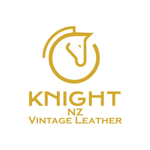 Gold Logo. Circular line drawing of horse head. Text - Knight NZ Vintage Leather
